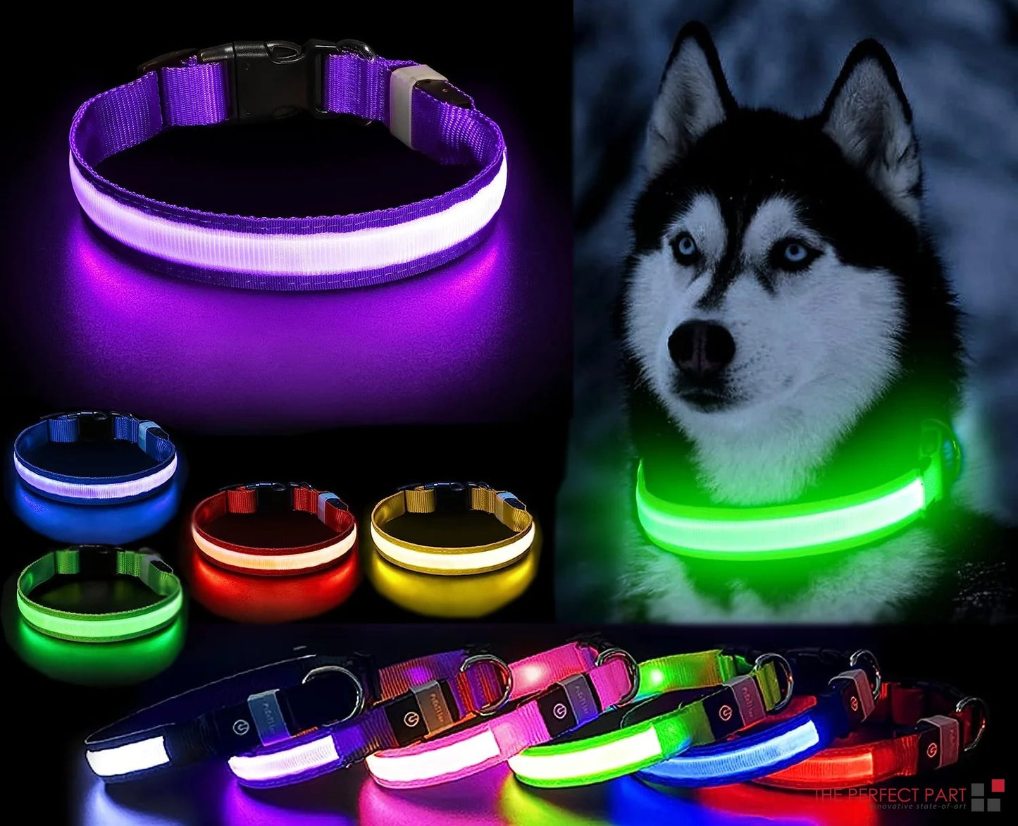 LED Adjustable Dog Collar with Blinking & Flashing Lights – Glow in the Dark, Waterproof & Safe for Pets